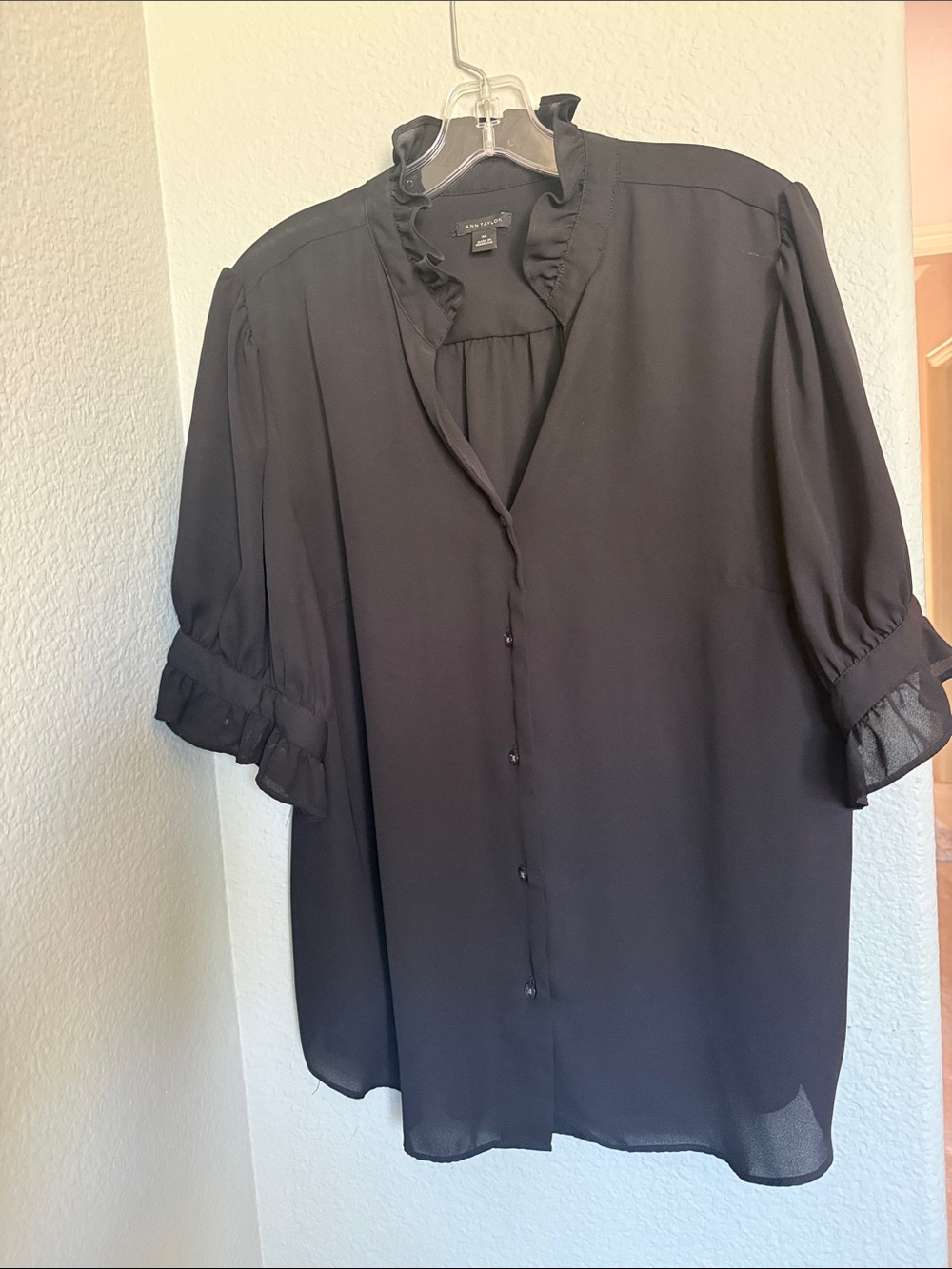 Ann Taylor Black Ruffle Neck Button-Down Blouse